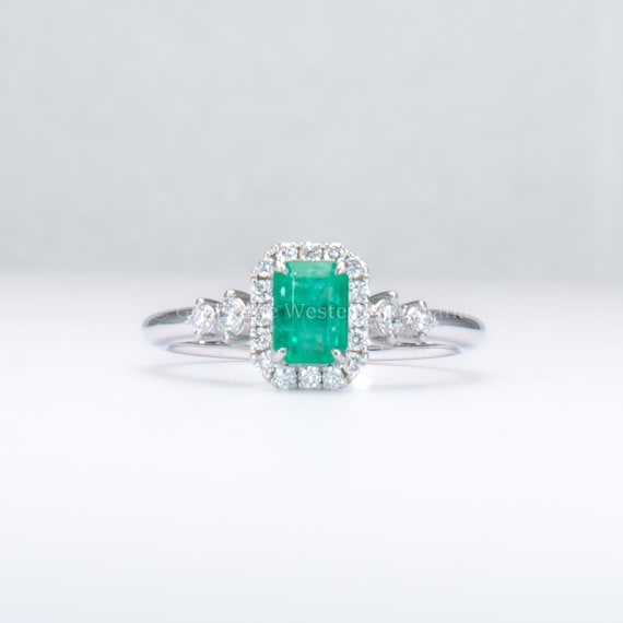 Natural Colombian Emerald and Diamond Halo Platinum Ring