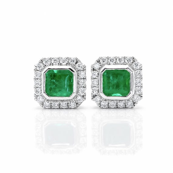 Emerald Cut Colombian Emerald Studs | Diamond Halo Platinum Earrings