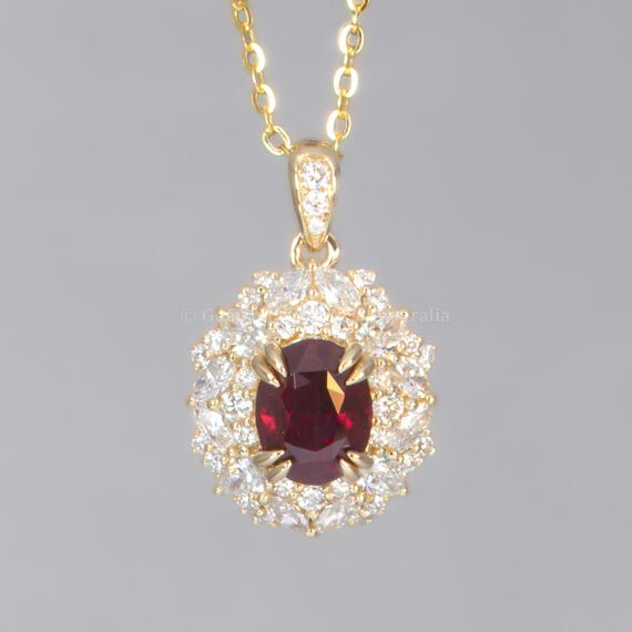 Natural Unheated Ruby and Diamond Cluster Pendant in 18K Yellow Gold