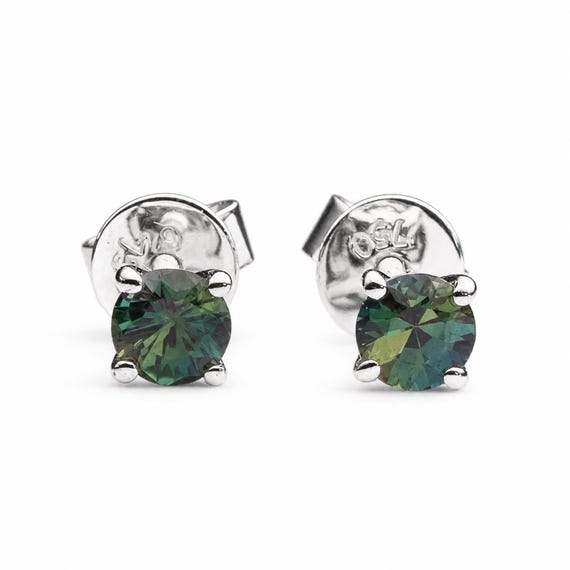 Australian Teal Sapphire Stud Earrings in 18K White Gold – 0.55ct Round Cut
