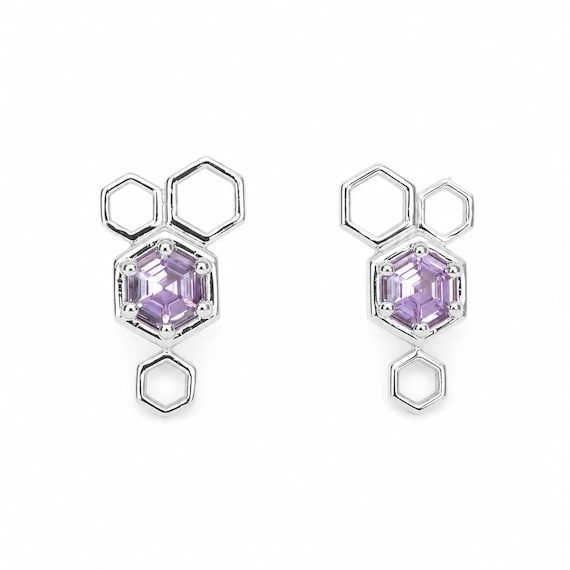 Hexagon Pink Sapphire Earrings in Platinum with Honeycomb Design