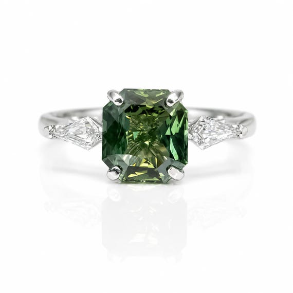 Natural Teal Sapphire & Kite Diamond Ring in Platinum