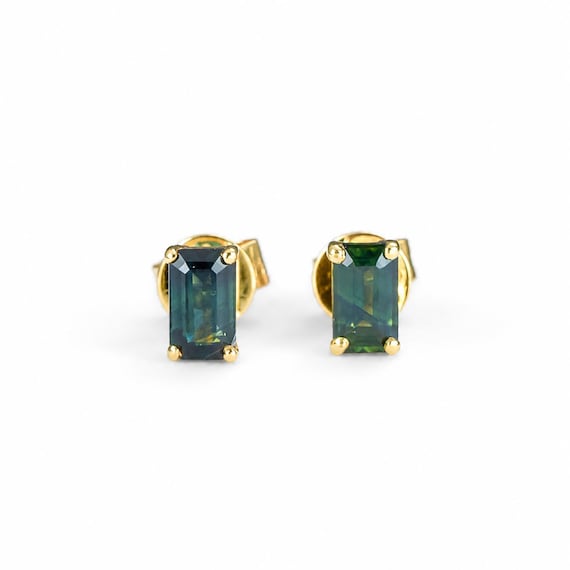 Emerald Cut Sapphire Earrings in 18K Yellow Gold with Australian Teal Sapphires