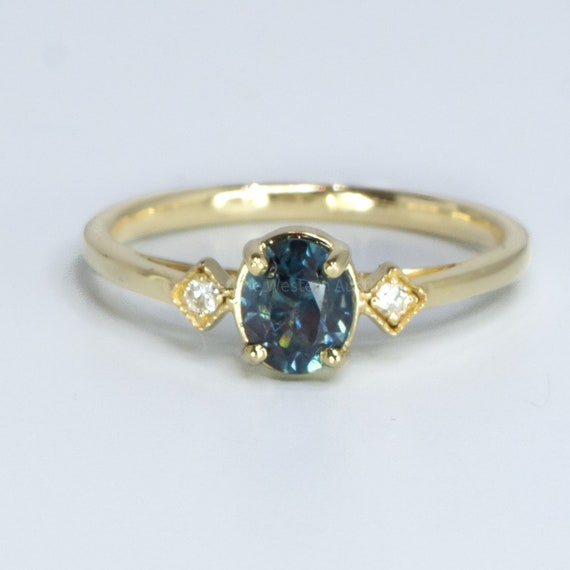 Unheated Teal Sapphire and Diamond Ring in Yellow Gold