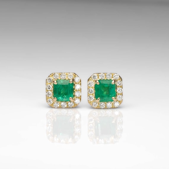 Colombian Emerald 1.91ct & Diamond Halo Stud Earrings in 18K Yellow Gold