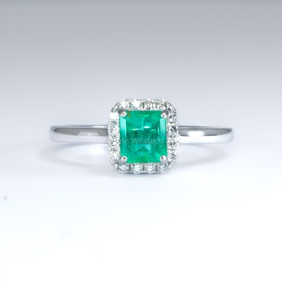 Emerald Cut Colombian Emerald Ring with Diamond Halo in Platinum