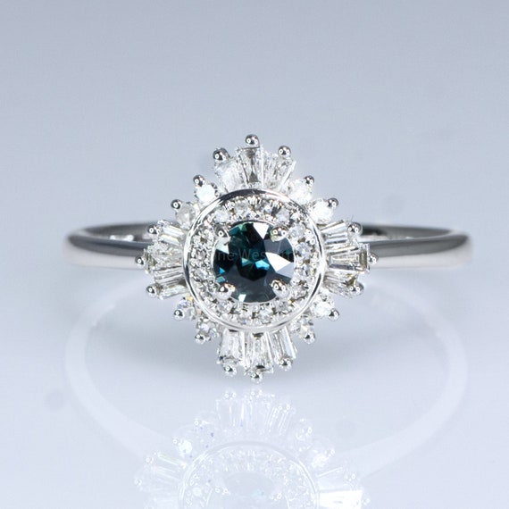 Natural Teal Sapphire Ring - Teal Sapphire Diamond Halo Ring