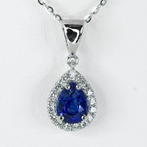 Pear Shape Blue Sapphire Halo Pendant in 18K Gold