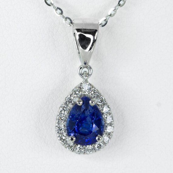 Pear Shape Blue Sapphire Halo Pendant in 18K Gold