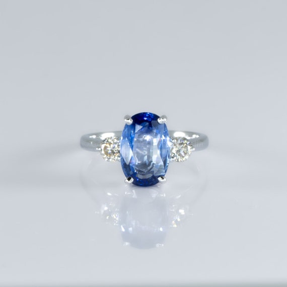 Three Stone Natural Sapphire Ring in 18K White Gold