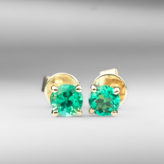 Colombian Emerald Stud Earrings 0.56ct in 18K Yellow Gold
