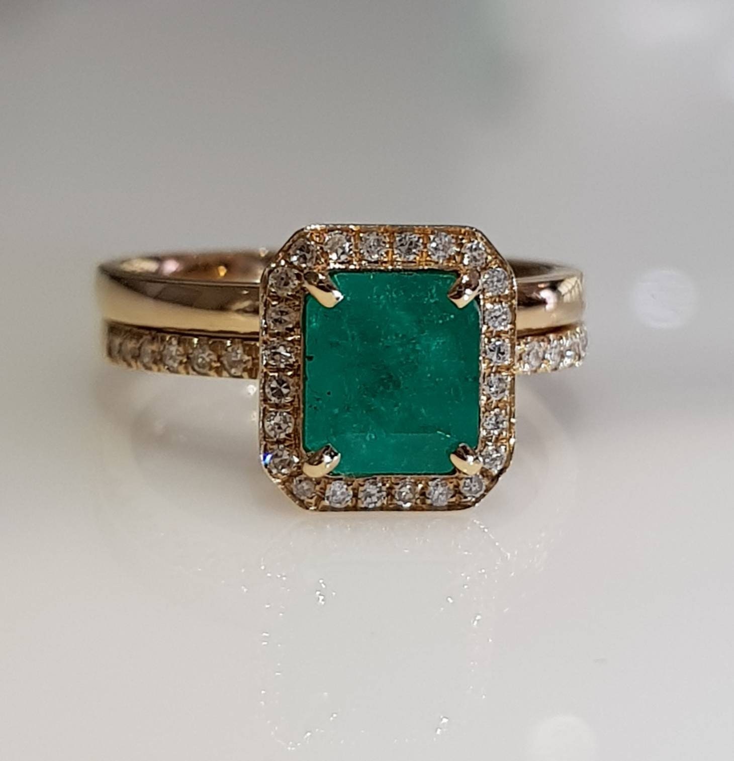 Brand New Colombian Emerald Engagement Ring and Band 18K Gold