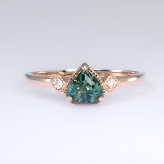 1.02ct Shield Cut Natural Unheated Teal Sapphire Ring in 18K Rose Gold with Diamonds