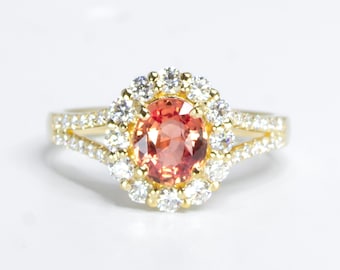Natural Padparadscha Sapphire Halo Ring Padparadscha and Diamonds Ring in 18K Gold