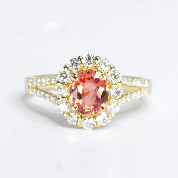Natural Padparadscha Sapphire Halo Ring Padparadscha and Diamonds Ring in 18K Gold
