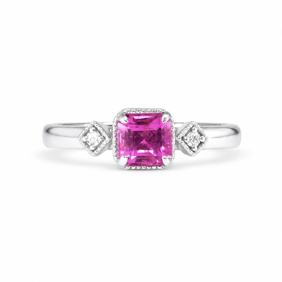 1.05ct Natural Unheated Emerald Cut Pink Sapphire Ring in Platinum 950 with Diamond Accents and Filigree Detail