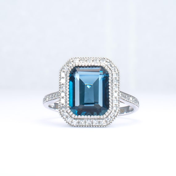 Emerald-Cut London Blue Topaz and Diamond 18K White Gold Ring