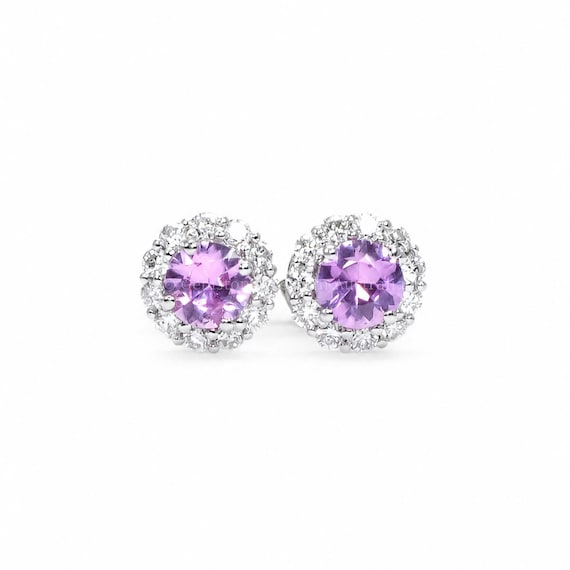 Natural Pink Sapphire Earrings  |  Diamond Halo Stud Earrings
