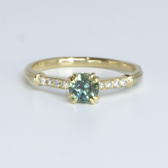 Unheated Teal Sapphire and Diamonds Ring Round Teal Sapphire and Diamond Ring