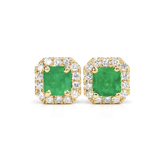 1.21ct Emerald cut Halo Studs with Natural Colombian Emeralds