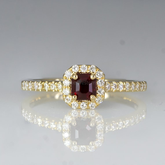Natural Ruby Diamond Ring Ruby Halo Engagement Ring 18K Gold