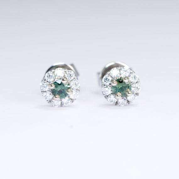 Natural Teal Sapphire Stud Earrings in 9K White Gold with Moissanite Halo