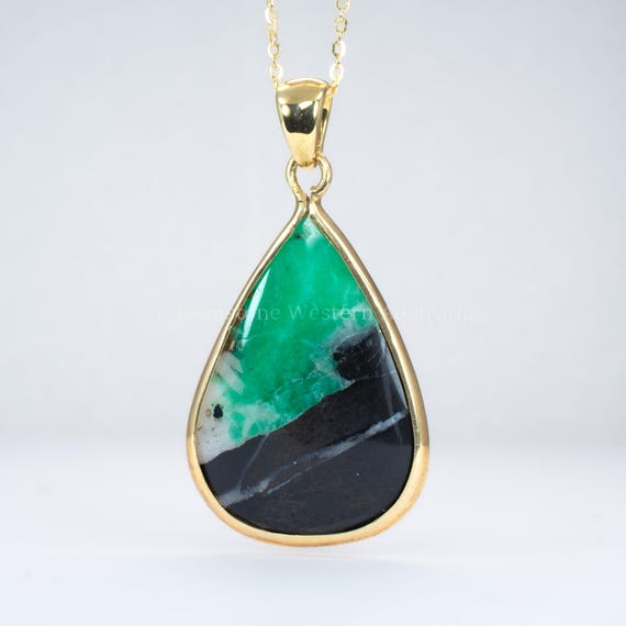Natural Colombian Emerald in Matrix Pear Pendant in 18K Yellow Gold