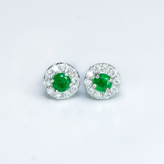 Colombian Emerald Diamond Halo Stud Earrings in 18K Gold