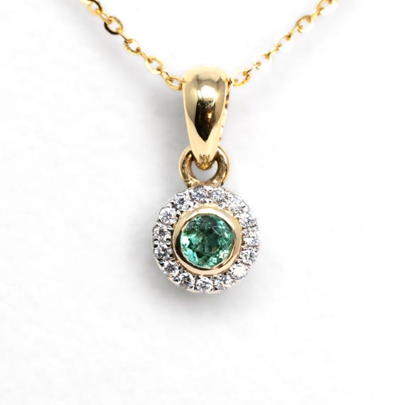 Natural Colombian Emerald and Diamond Halo Pendant in 18K White and Yellow Gold