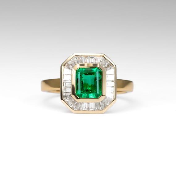 Emerald Cut Colombian Emerald Ring with Baguette Diamond Halo in 18K Yellow Gold