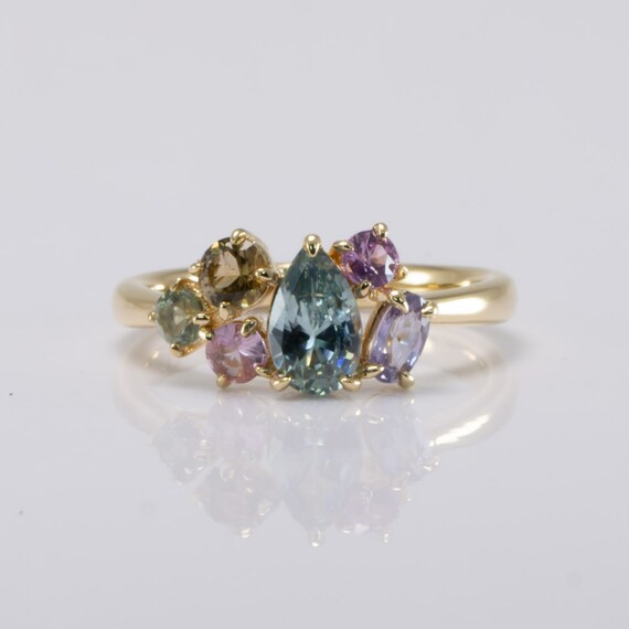 Pear Shape Teal Sapphire Asymmetrical Ring in 18K Yellow Gold