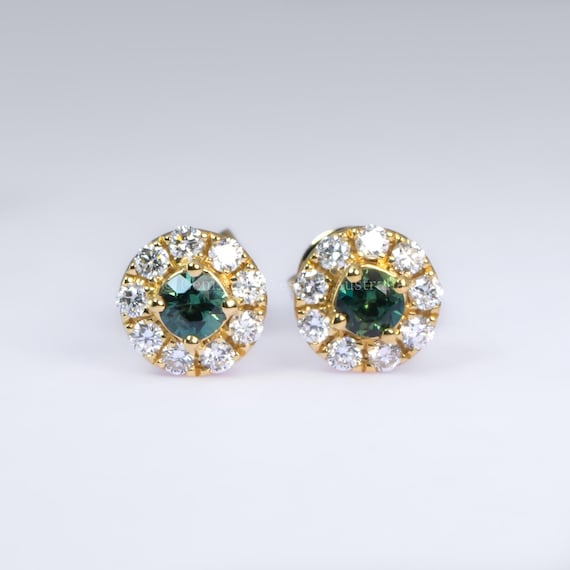 Australian Teal Sapphire Stud Earrings with Diamond Halo in 18K Yellow Gold