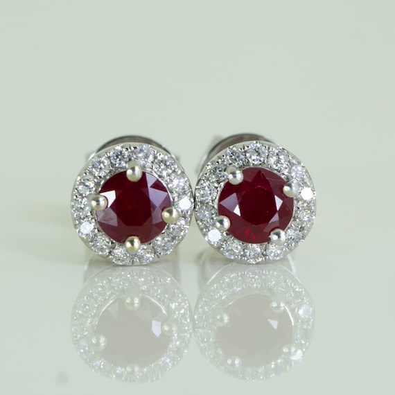 1.28CT Natural Ruby and Diamond Studs Ruby Halo Earrings in 18K Gold