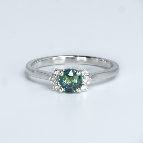 Unheated Teal Sapphire and Diamonds Ring in 14K White Gold