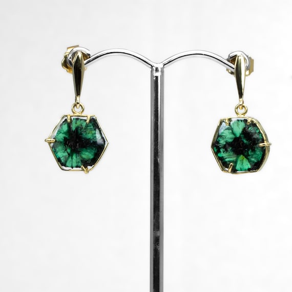 18K Yellow Gold Dangling Earrings with Natural Colombian Trapiche Emeralds – Rare Hexagonal Gems