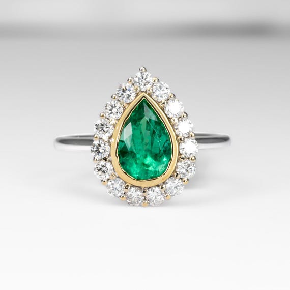 Colombian Pear Emerald Halo Ring 1.17ct in 18K White & Yellow Gold