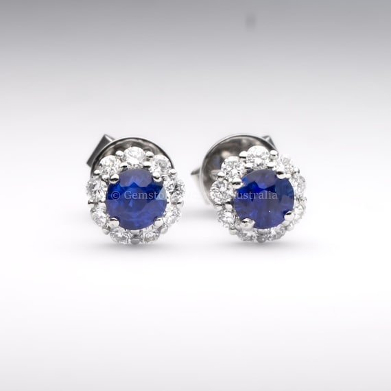 Natural Blue Sapphire Earrings | Diamond Halo Stud Earrings