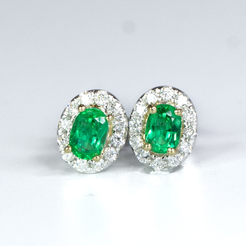 Diamond Halo Emerald Stud Earrings
