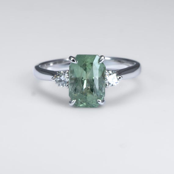 Radiant Cut Unheated Green Sapphire Ring in White Gold