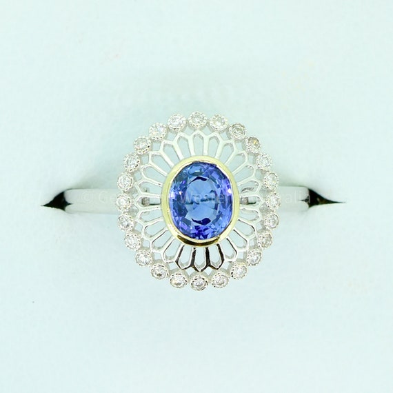 18K Gold Sapphire and Open Diamond Halo Ring