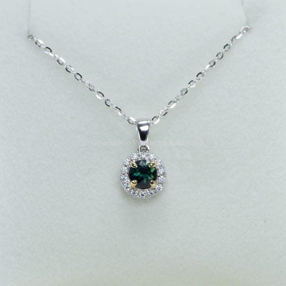 0.64ct Australian Teal Sapphire & Moissanite Halo Pendant in 9K White Gold
