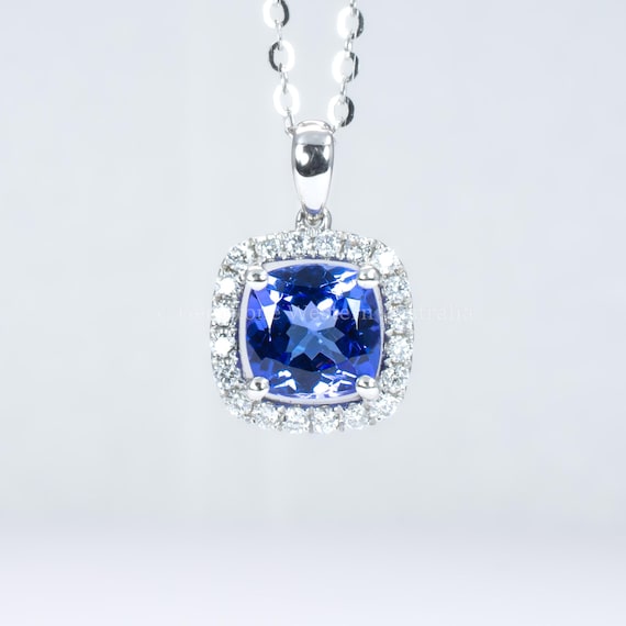 Cushion-Cut Tanzanite Pendant with Diamond Halo in 18K White Gold