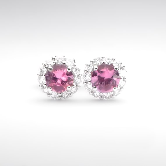 Natural Pink Sapphire Earrings  |  Diamond Halo Stud Earrings