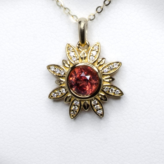 Orangy Red Sapphire and Diamonds Flower Pendant in 18K Yellow Gold