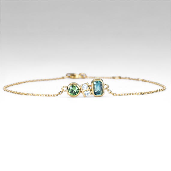 Dainty Australian Teal Sapphire & Diamond Bracelet in 18K Yellow Gold