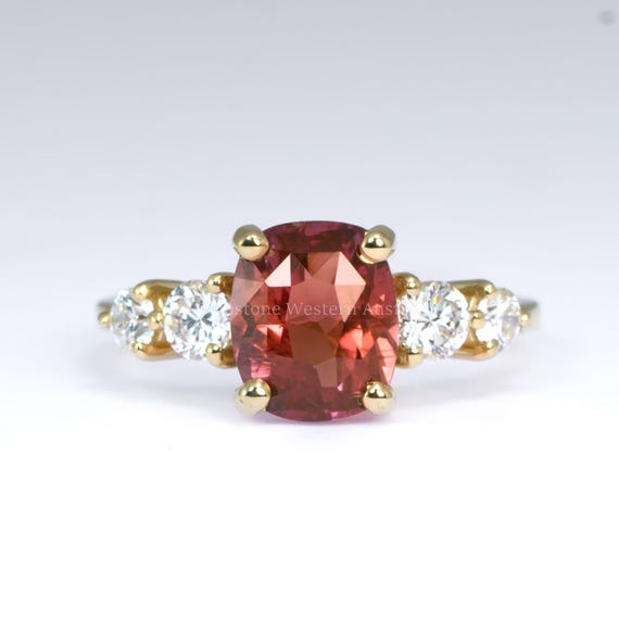 Unheated 3.0ct Padparadscha Sapphire Ring with Diamond Accents in 18K Yellow Gold