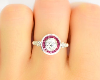 0.50ct Diamond Ring with Ruby Halo in 18K Gold