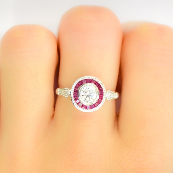 0.50ct Diamond Ring with Ruby Halo in 18K Gold