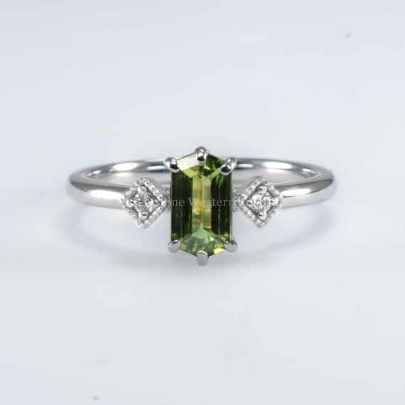 0.81ct Natural Party Green Sapphire Hexagonal Ring in Platinum with Diamonds
