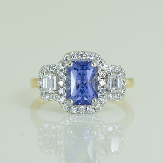 Natural Sapphire Three Stone Halo Ring Sapphire and Diamond Three Stone Ring